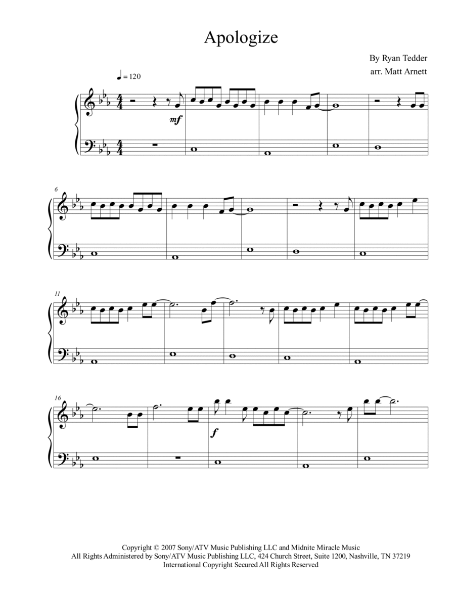 Apologize Easy Piano scores gallery preview page 1