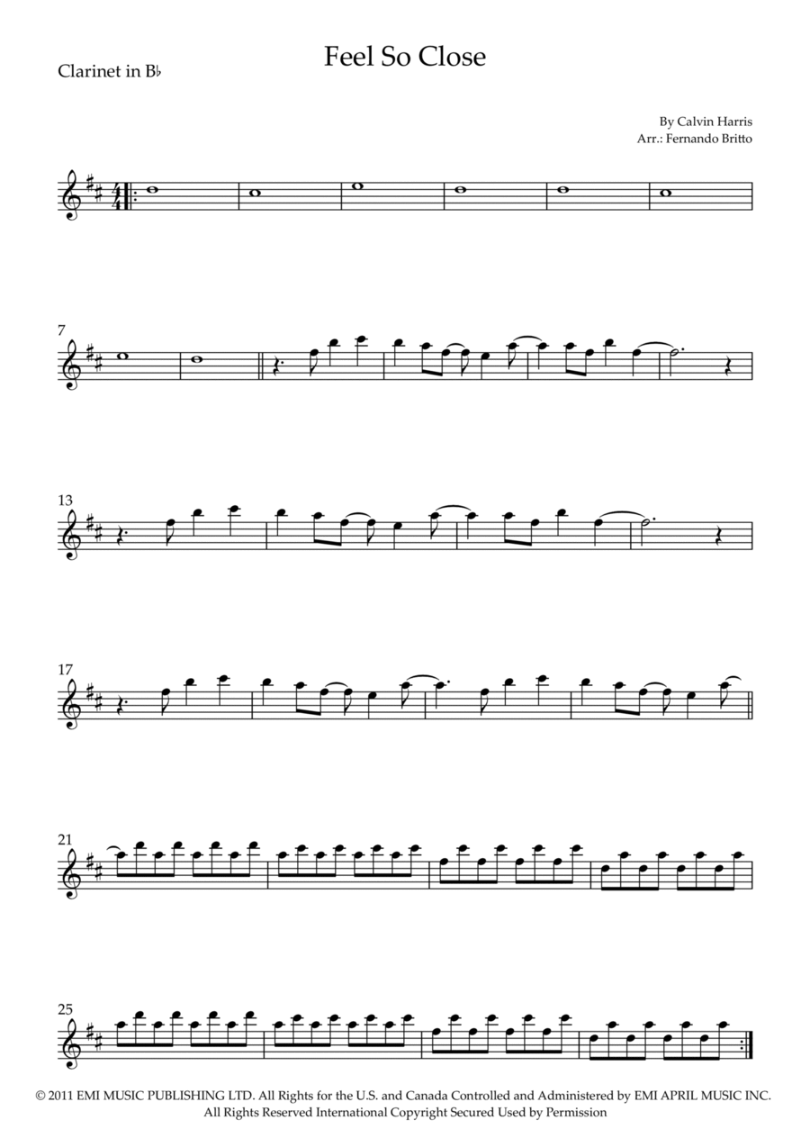 Feel So Close Clarinet Solo scores gallery preview page 1