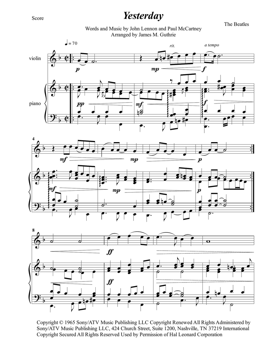 Yesterday Violin Solo scores gallery preview page 1