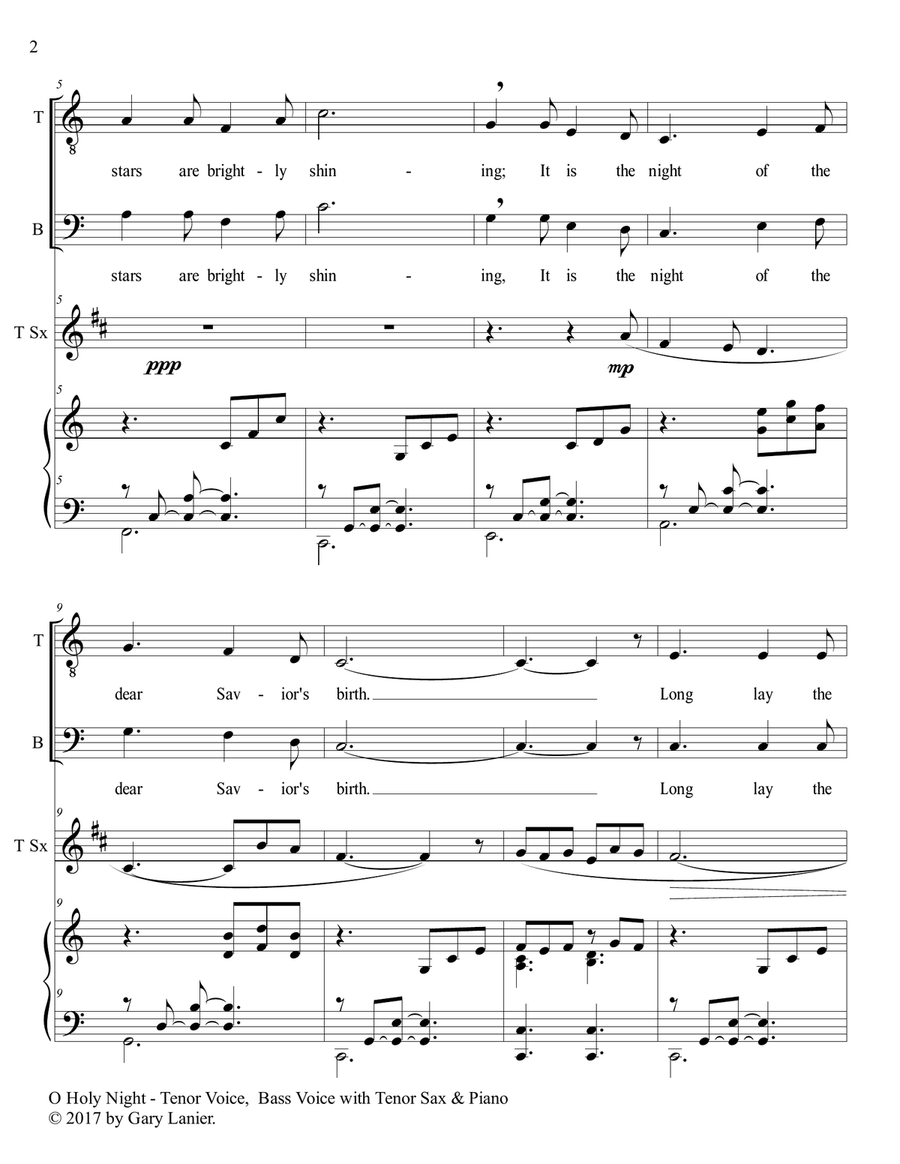 O HOLY NIGHT (Duet - Tenor Voice, Bass Voice with Tenor Sax & Piano - Score & Parts included) Small Ensemble scores gallery preview page 3