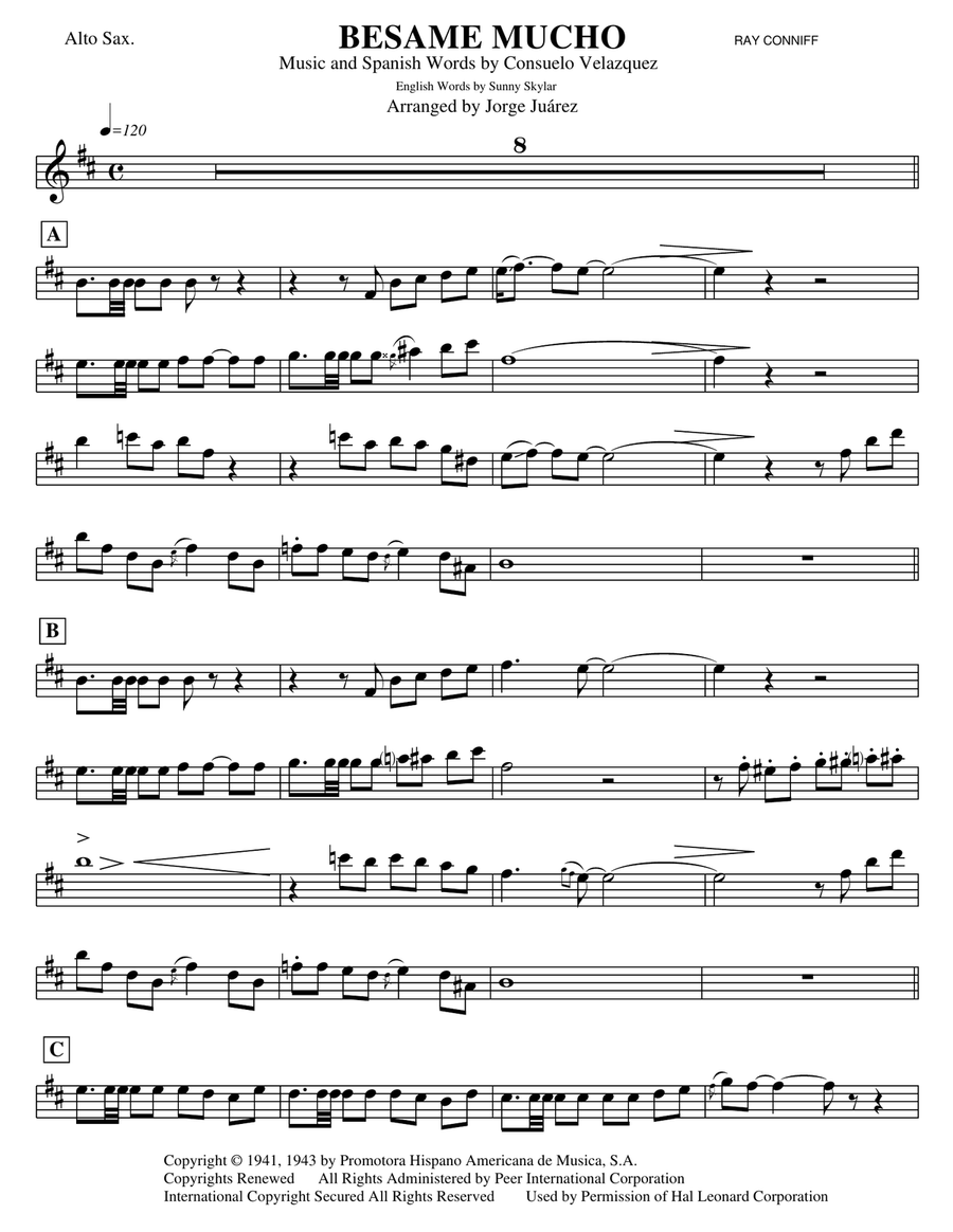 Besame Mucho (Kiss Me Much) Alto Saxophone scores gallery preview page 1