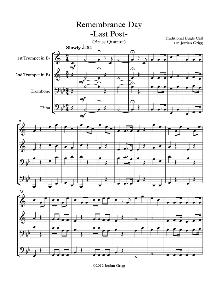 Remembrance Day. 'Last Post' (Brass Quartet) Brass Quartet scores gallery preview page 1