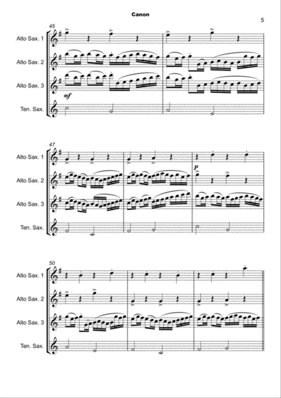 Pachelbel's Canon in D, for Saxophone Quartet, three Altos and one Tenor or Baritone Saxophone Quartet scores gallery preview page 6