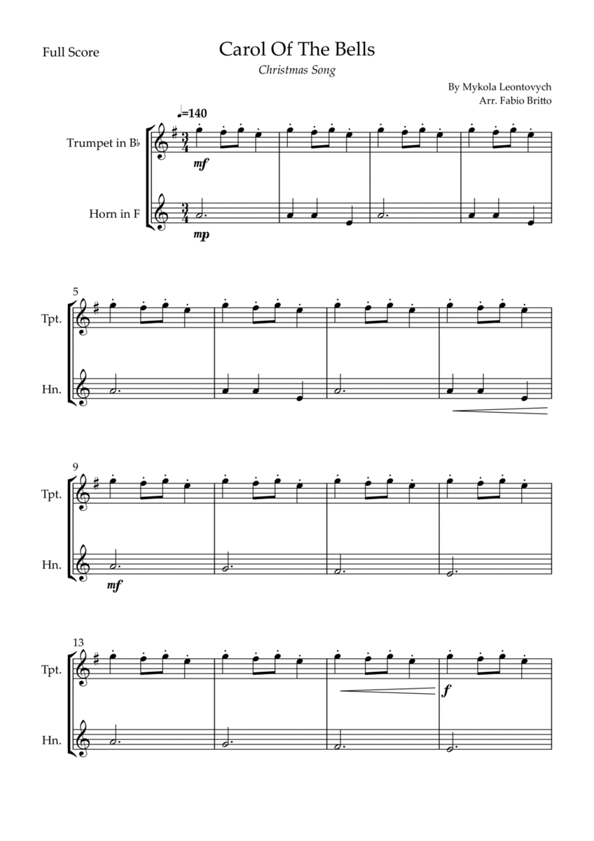 Carol Of The Bells (Christmas Song) for Trumpet in Bb & Horn in F Duo. image number null