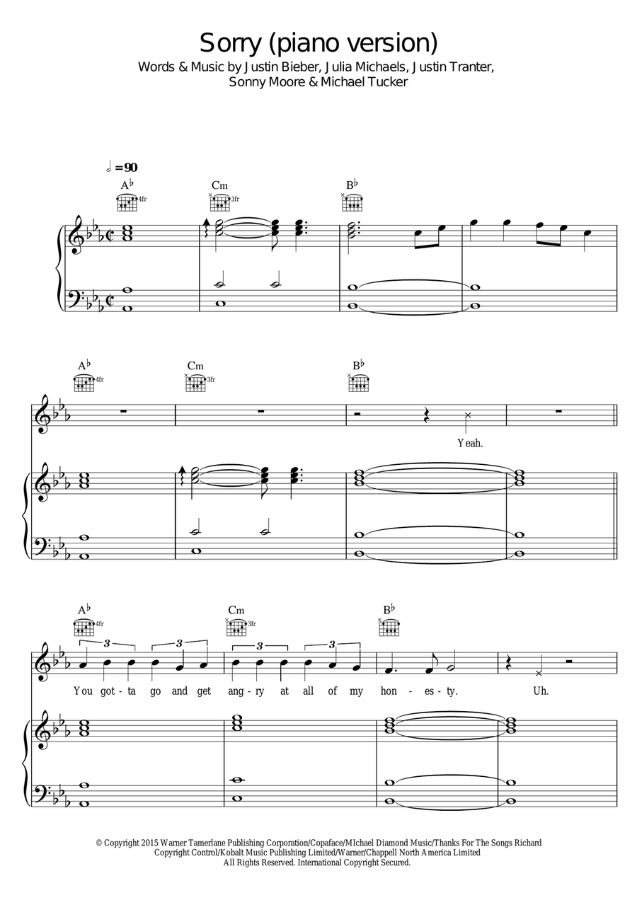 Sorry (piano version) Piano, Vocal, Guitar scores gallery preview page 1