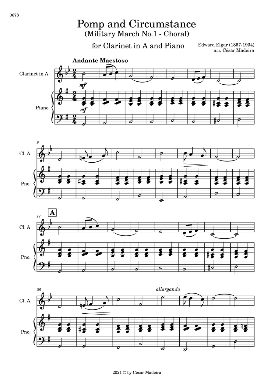 Pomp and Circumstance No.1 - Clarinet in A and Piano (Full Score and Parts) A Clarinet scores gallery preview page 2