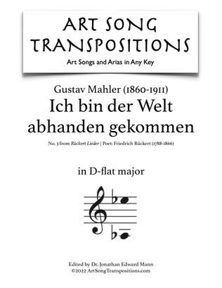 Book cover for MAHLER: Ich bin der Welt abhanden gekommen (transposed to D-flat major)