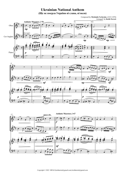 Ukrainian National Anthem for Oboe, Cor Anglais & Piano MFAO World National Anthem Series image number null