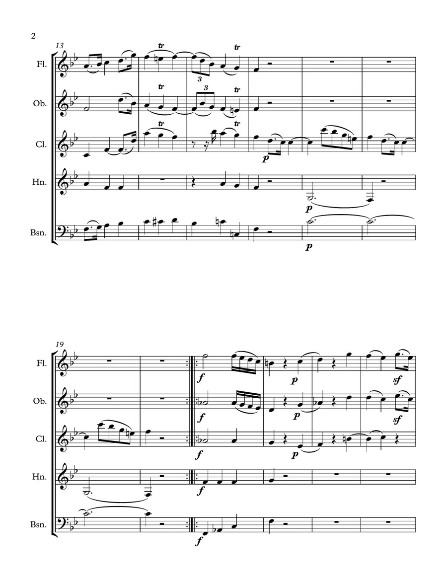 Mozart: Serenade in Bb Major, K. 361 (Gran Partita) for Wind Quintet Mvmt. 2 (Menuetto I) Woodwind Quintet scores gallery preview page 2