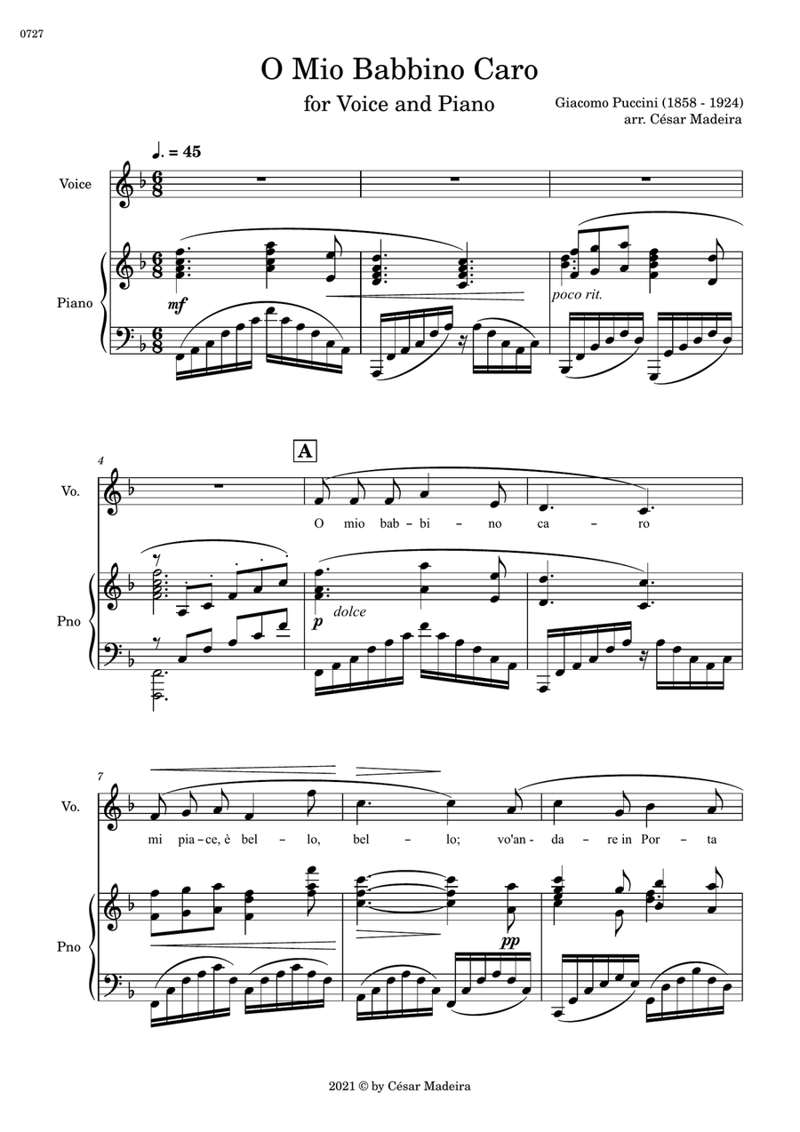 O Mio Babbino Caro by Puccini - Voice and Piano - F Major (Full Score and Parts) image number null