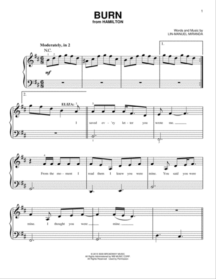 Burn (from Hamilton) Easy Piano scores gallery preview page 1