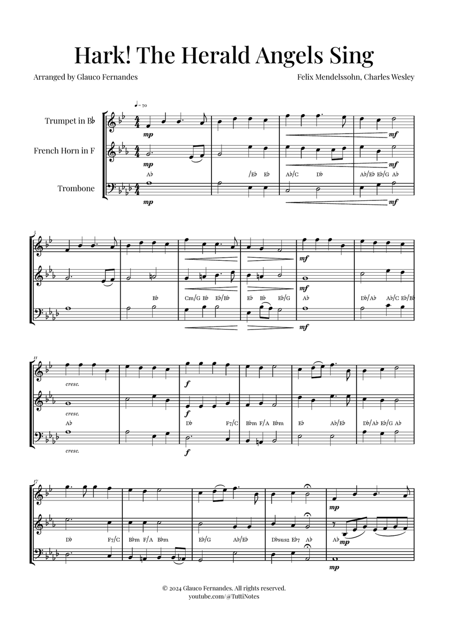 Hark! The Herald Angels Sing Trio Arrangement | Christmas Carol Sheet Music Brass Trio scores gallery preview page 1