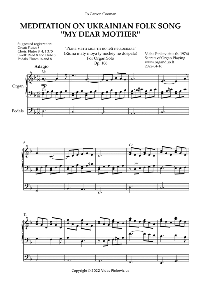 Meditation on Ukrainian Folk Song "My Dear Mother", Op. 106 (Organ Solo) - Vidas Pinkevicius (2022) image number null