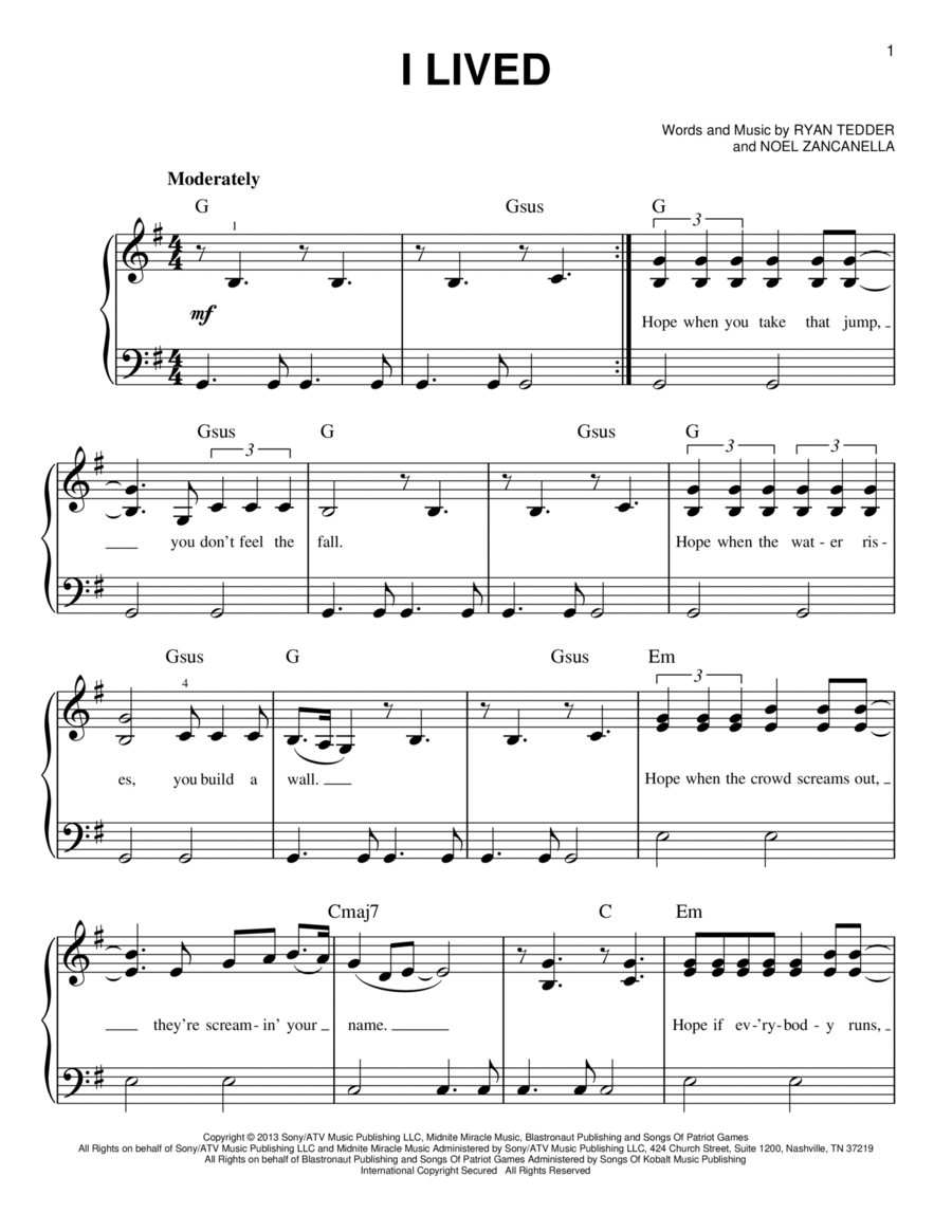 I Lived I Lived Easy Piano scores gallery preview page 1