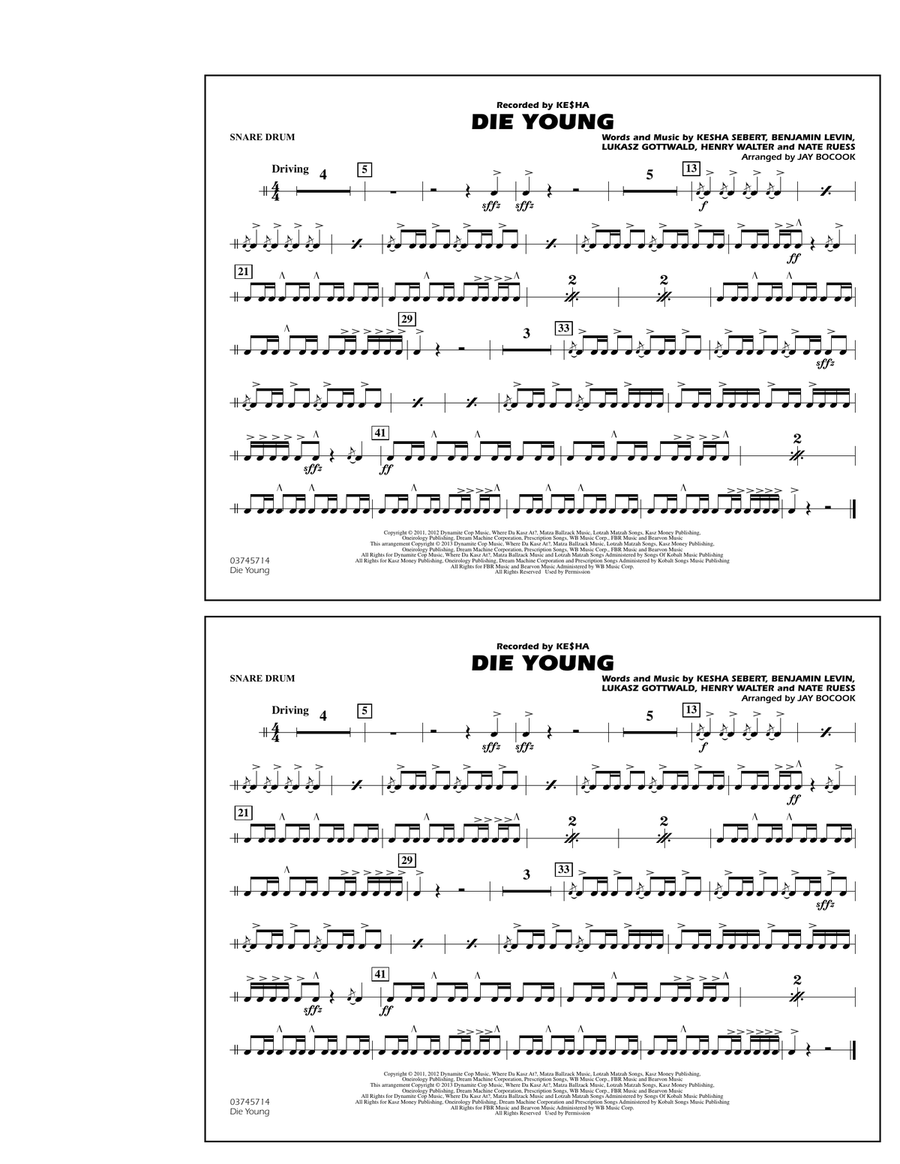 Die Young - Snare Drum Marching Band scores gallery preview page 1