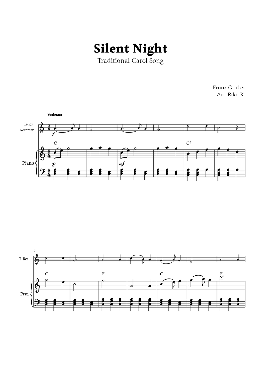 Silent Night for Tenor Recorder and Piano Chamber Music scores gallery preview page 1