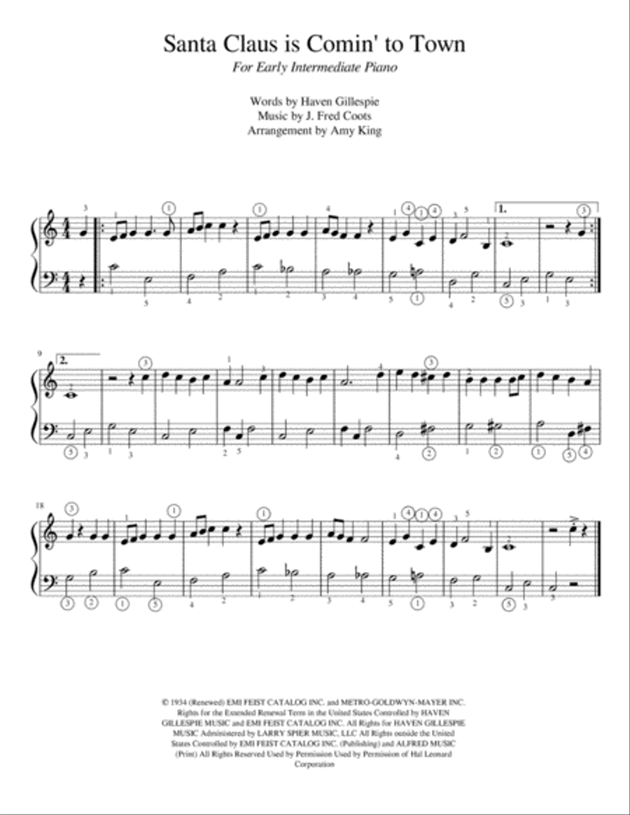 Santa Claus Is Comin' To Town Easy Piano scores gallery preview page 1