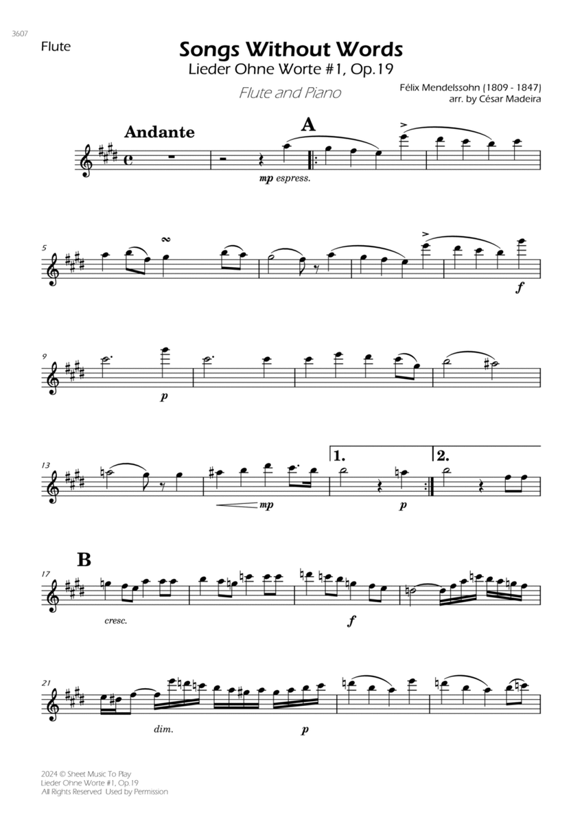 Songs Without Words No.1, Op.19 - Flute and Piano (Individual Parts) image number null