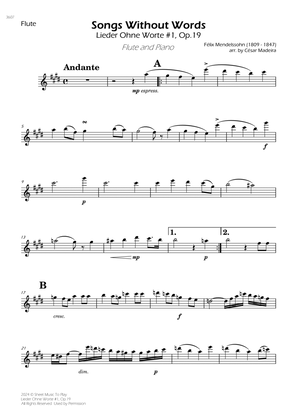 Songs Without Words No.1, Op.19 - Flute and Piano (Individual Parts)