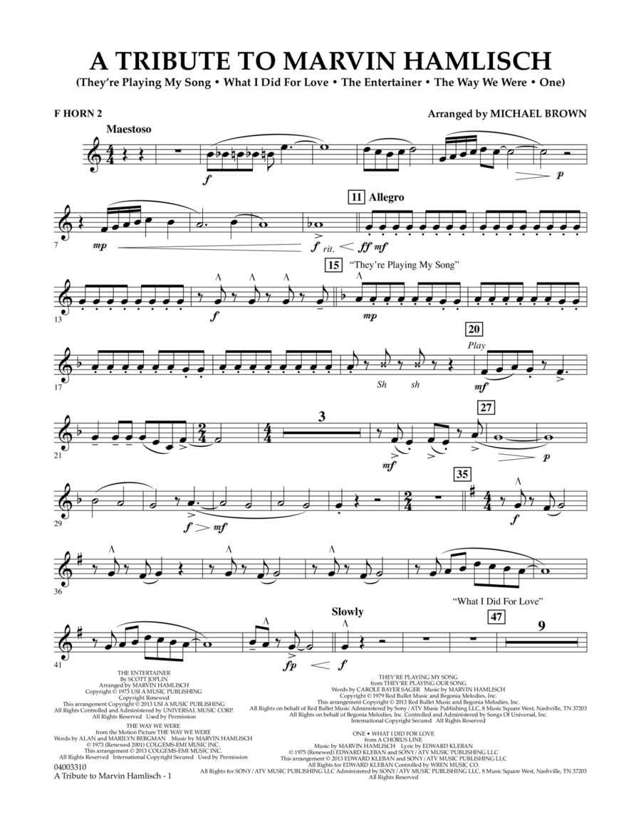 A Tribute To Marvin Hamlisch - F Horn 2 Concert Band scores gallery preview page 1