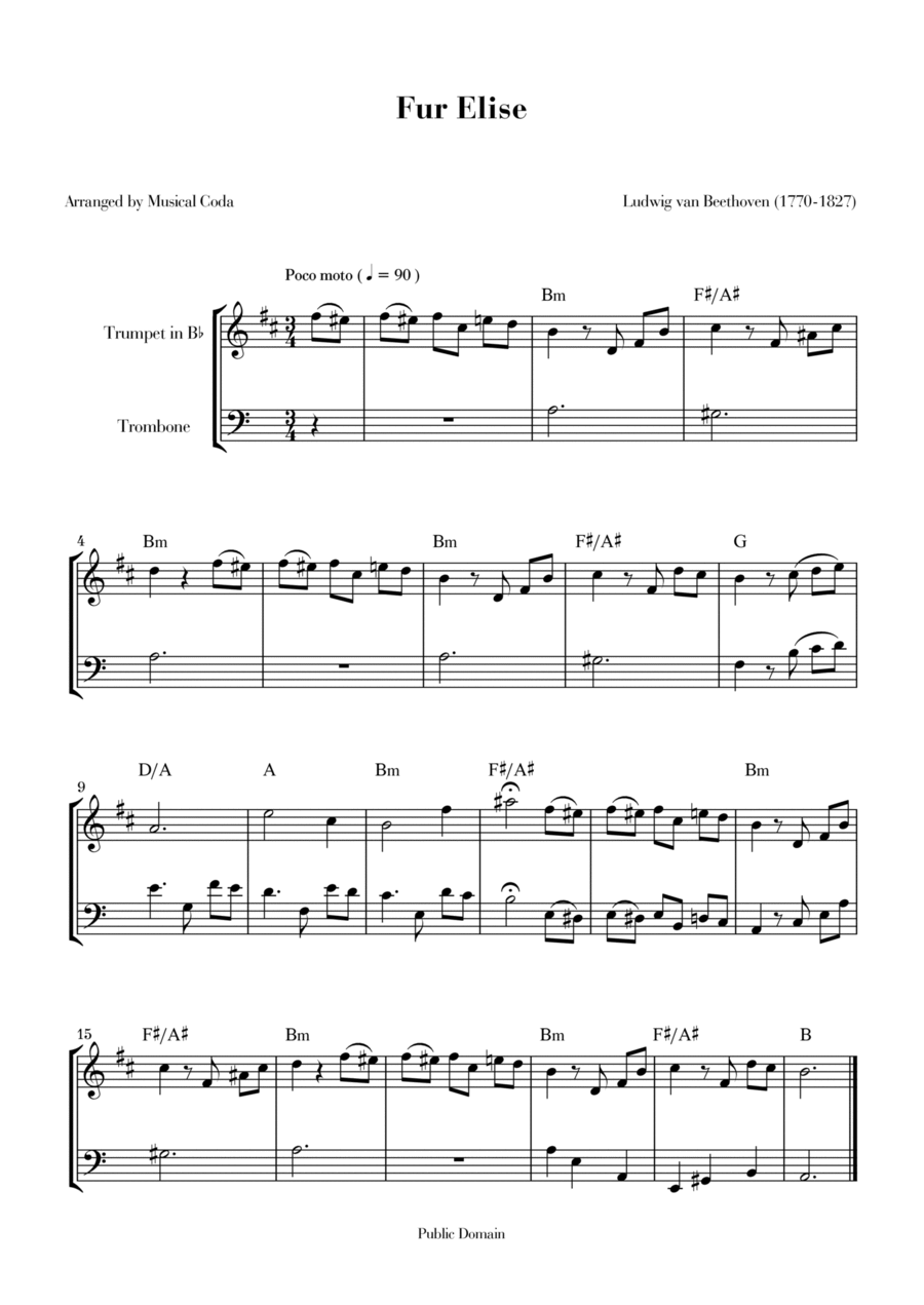 Fur Elise - Trumpet & Trombone Brass Duet scores gallery preview page 1