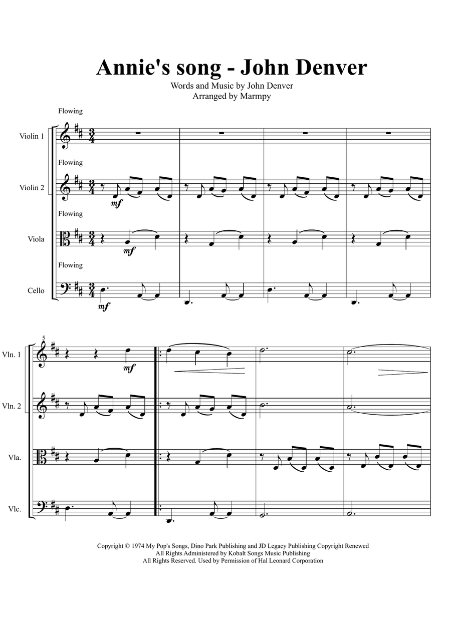 Annie's Song String Quartet scores gallery preview page 1