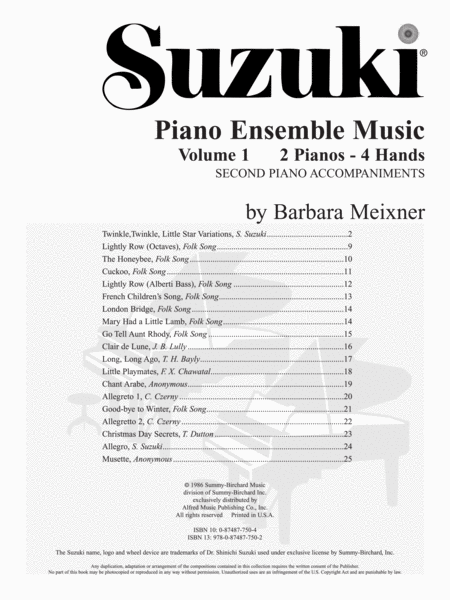 Suzuki Piano Ensemble Music for Piano Duo, Volume 1