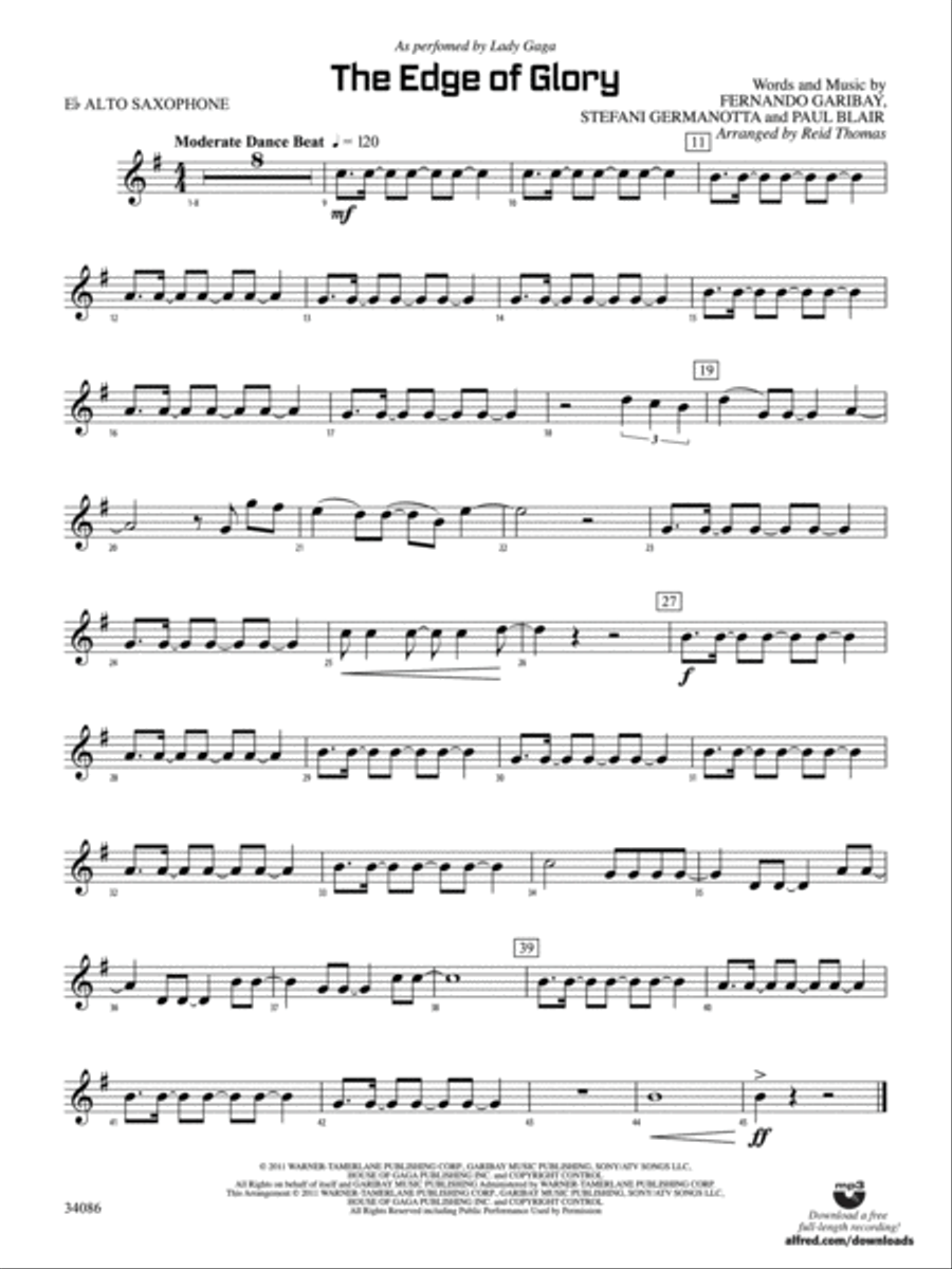 The Edge of Glory: E-flat Alto Saxophone Concert Band scores gallery preview page 1