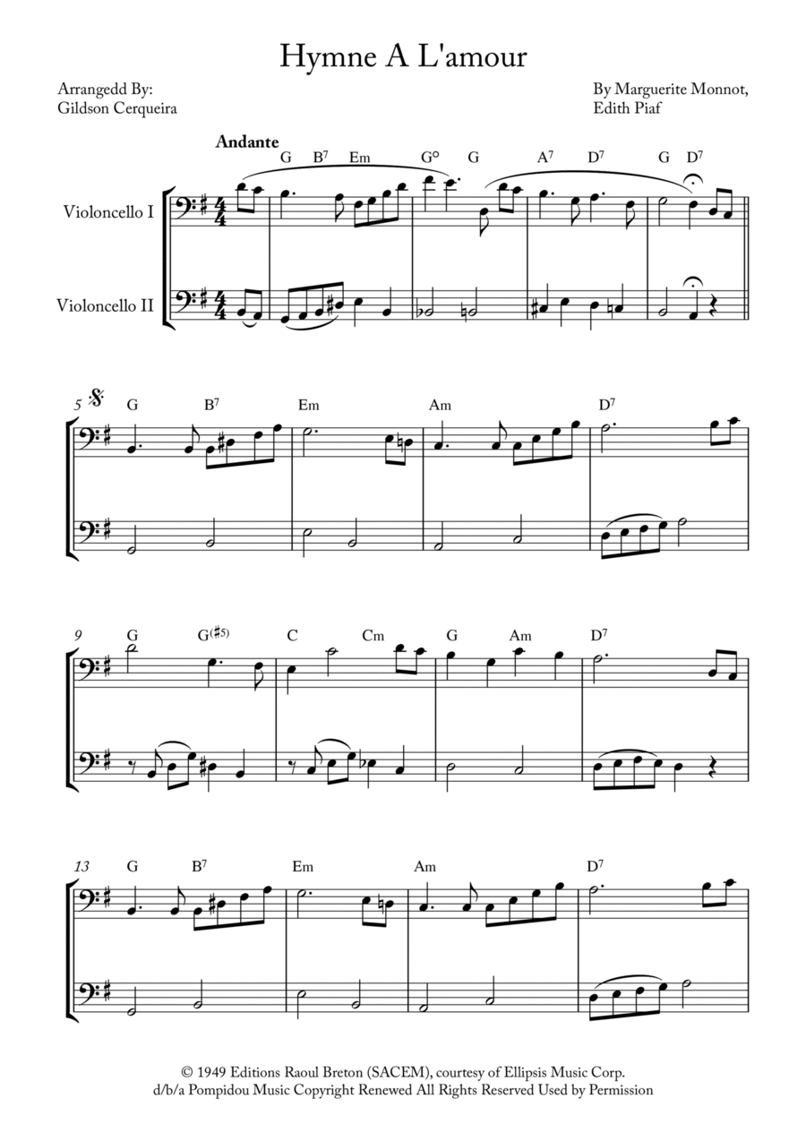 Hymne A L'amour String Duet scores gallery preview page 1