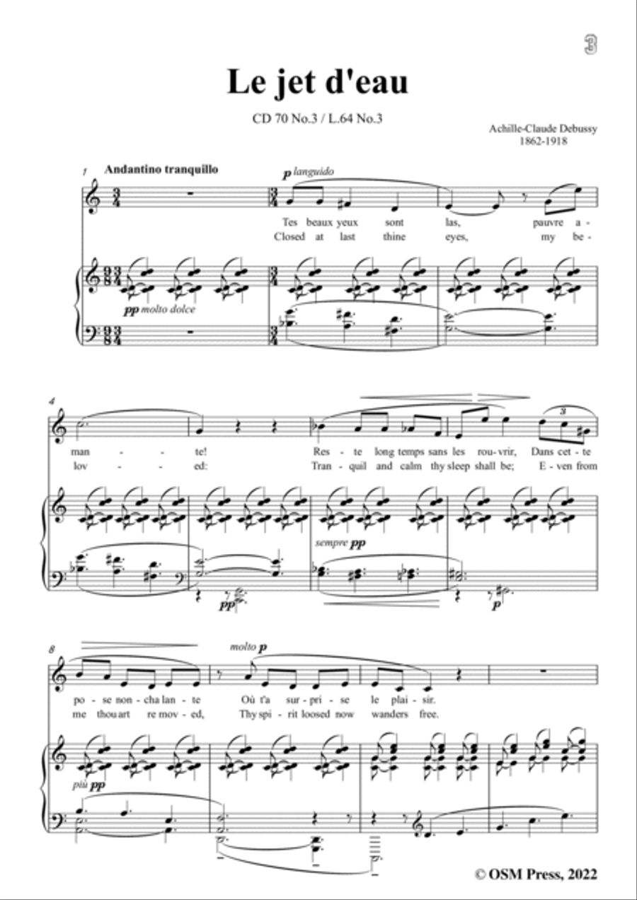 Debussy-Le jet d'eau,CD 70 No.3,in C Major,from '5 Poemes de Baudelaire,CD 70'for Voice and Piano Voice Solo scores gallery preview page 3