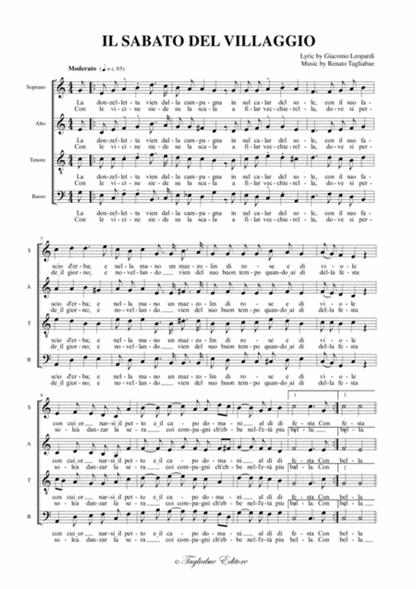 IL SABATO DEL VILLAGGIO (Saturday of the village) - Lyrics by Giacomo Leopardi - For SATB Choir image number null