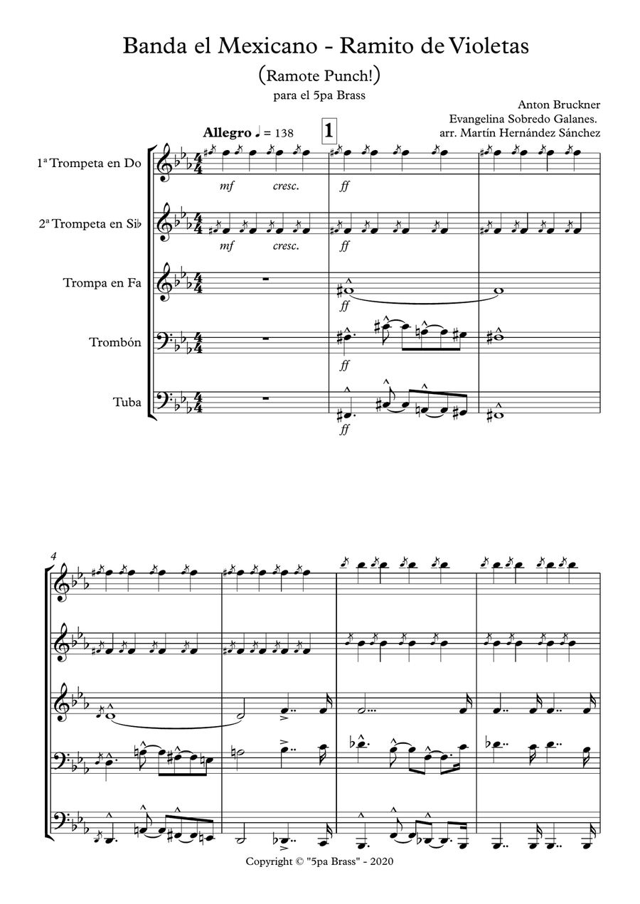Mexican traditional Folk Pop: RAMITO DE VIOLETAS for Brass Quintet; arr. Martín Hernández Sánchez Brass Quintet scores gallery preview page 1