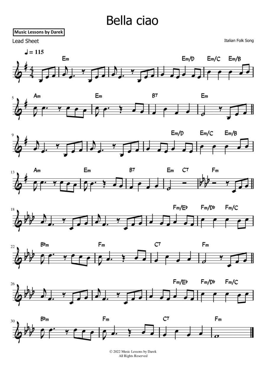 Bella ciao (LEAD SHEET) [Italian Folk Song] Piano scores gallery preview page 1