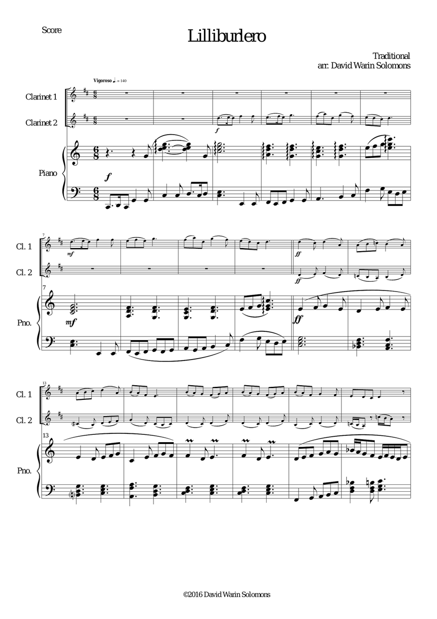 Lilliburlero for 2 clarinets and piano Clarinet Duet scores gallery preview page 1