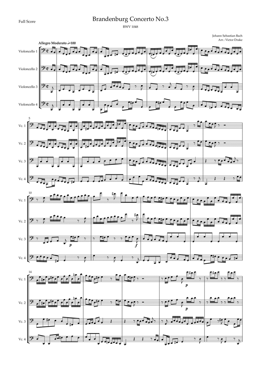 Brandenburg Concerto No. 3 in G major, BWV 1048 1st Mov. (J.S. Bach) for Cello Quartet image number null