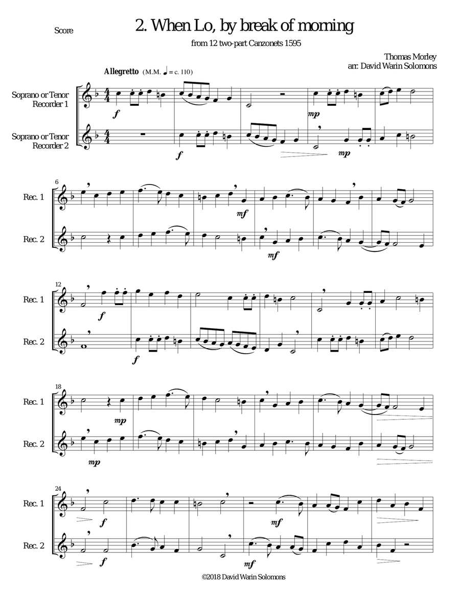 12 easy Canzonets for soprano and or tenor recorder duo Woodwind Duet scores gallery preview page 3