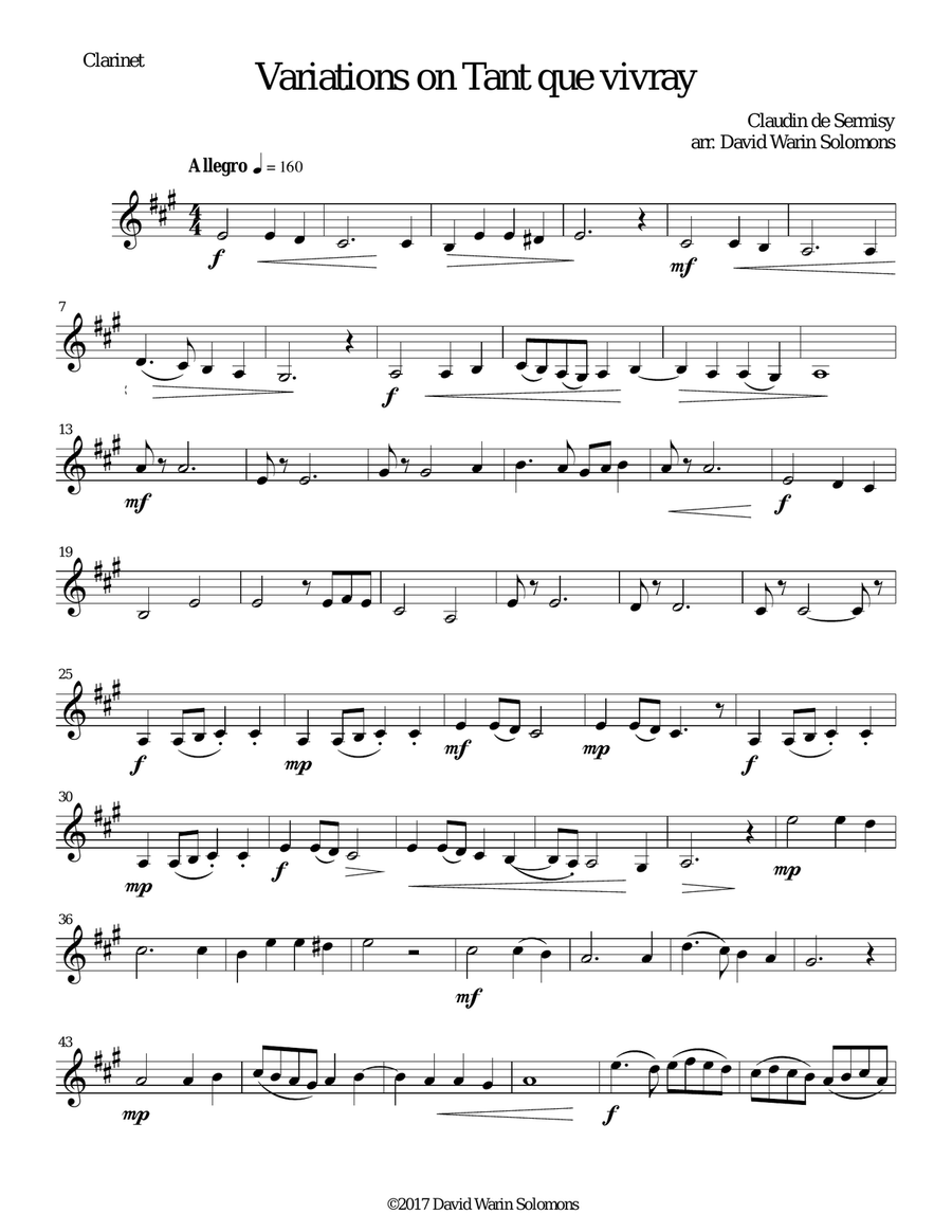 Variations on Tant que vivray for clarinet and guitar Clarinet scores gallery preview page 5