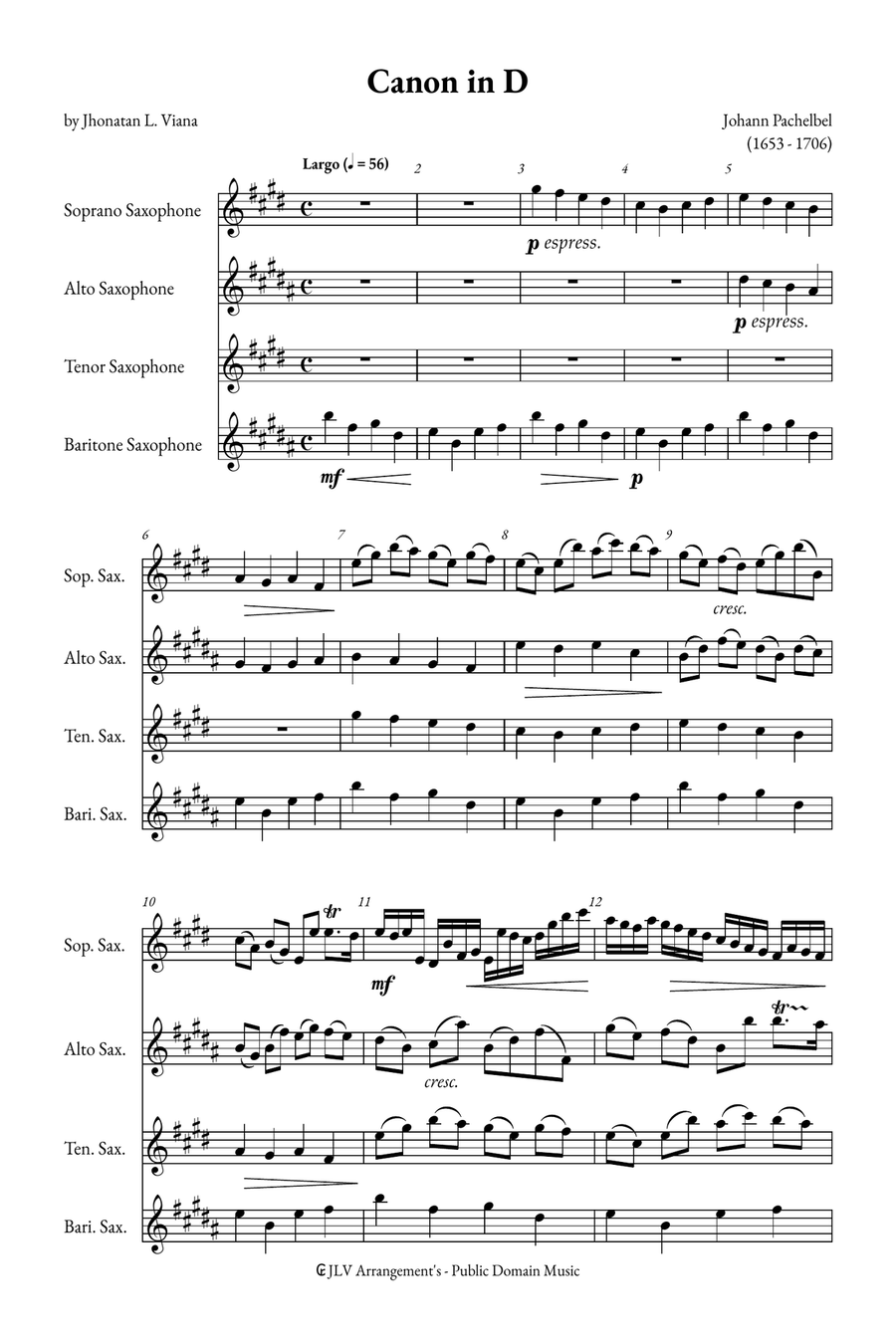 Canon in D Saxophone Quartet scores gallery preview page 1