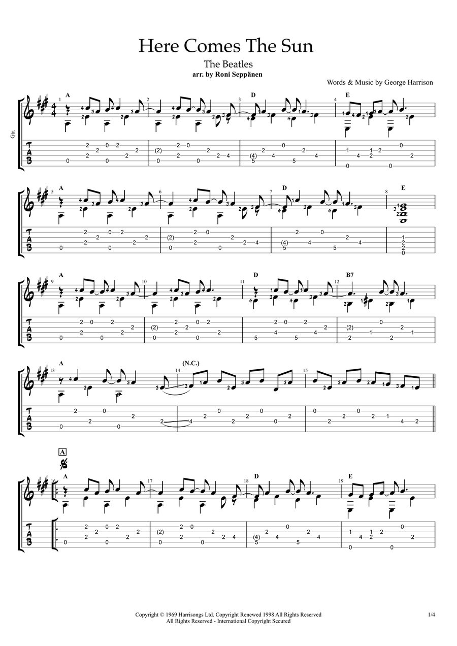 Here Comes The Sun Guitar Tablature scores gallery preview page 1