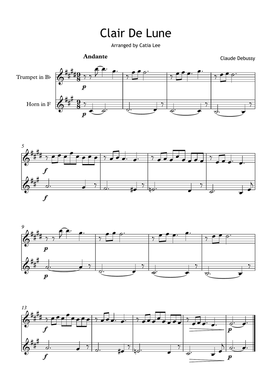 Clair de Lune - Claude Debussy - Trumpet & Horn Brass Duet scores gallery preview page 2