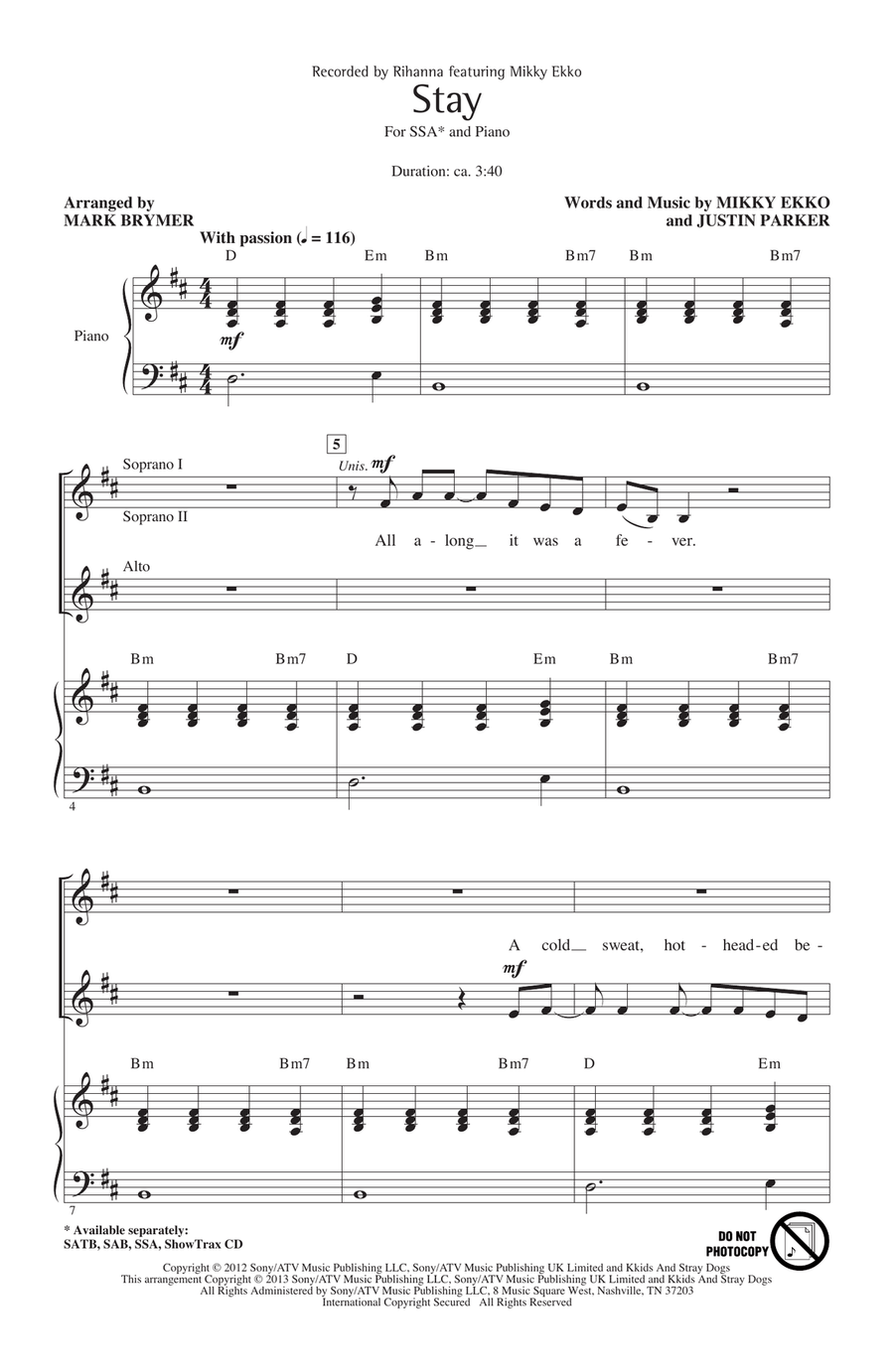 Stay (arr. Mark Brymer) SSA scores gallery preview page 1