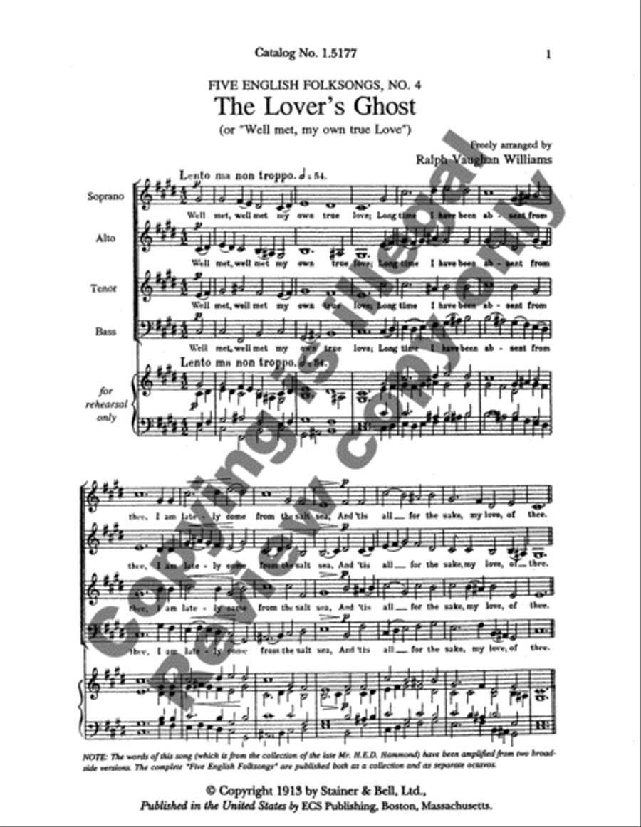 Five English Folk-Songs: 4. The Lover's Ghost (Well met, my own true Love) 4-Part scores gallery preview page 5