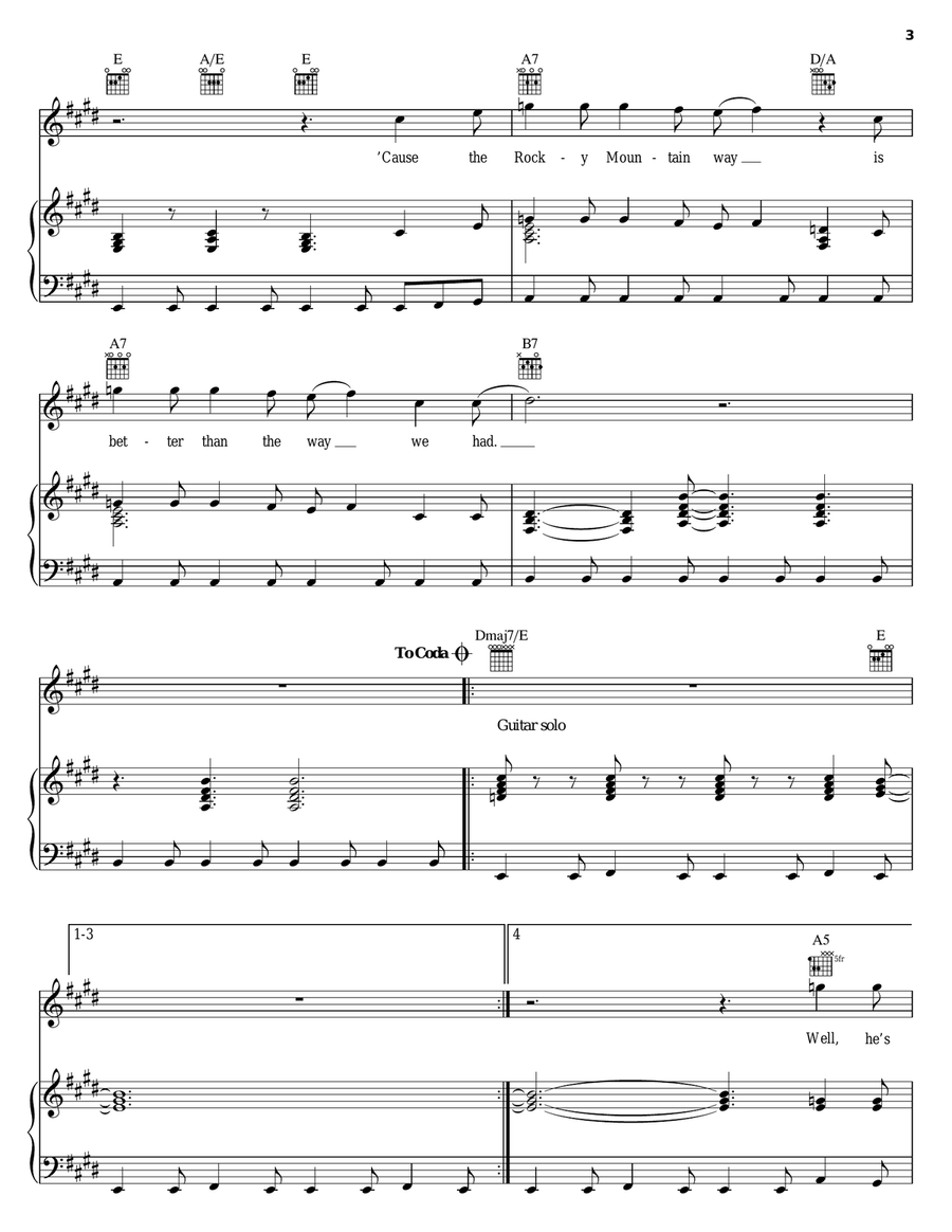 Rocky Mountain Way Piano, Vocal, Guitar scores gallery preview page 3