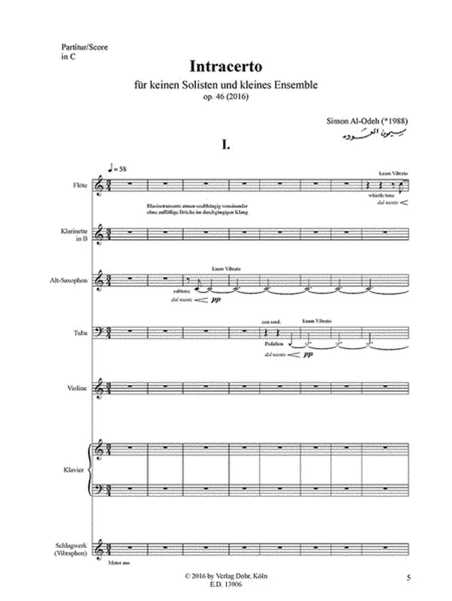 Intracerto für keinen Solisten und kleines Ensemble (7 Spieler) op. 46 (2016)