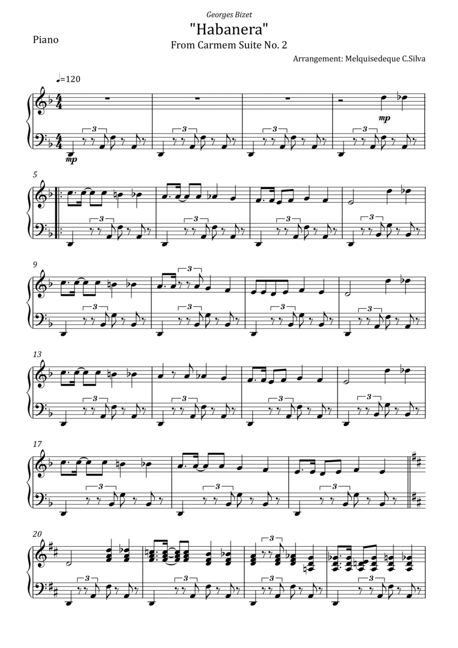 Georges Bizet - Habanera - from Carmen Suite No. 2 Piano Solo scores gallery preview page 1