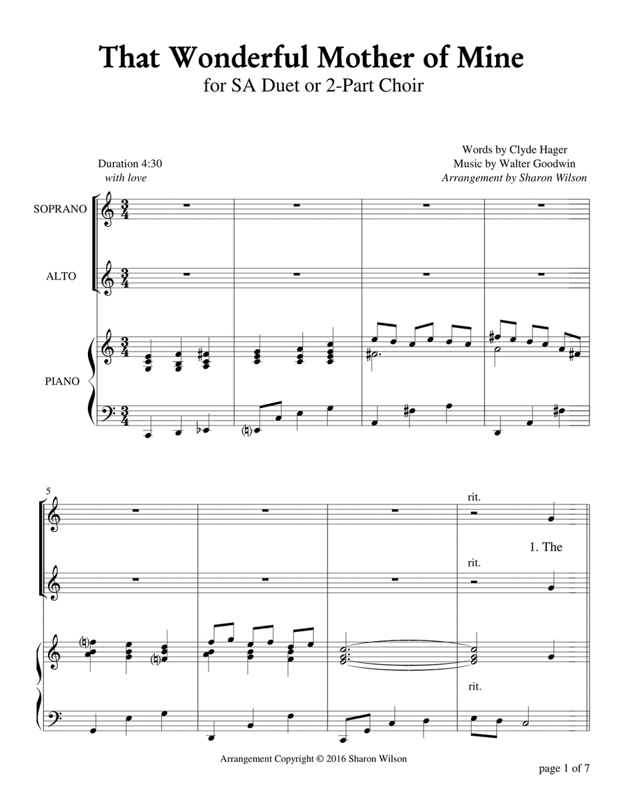 That Wonderful Mother of Mine - Key of C (for SA duet with Piano Accompaniment) SA scores gallery preview page 1