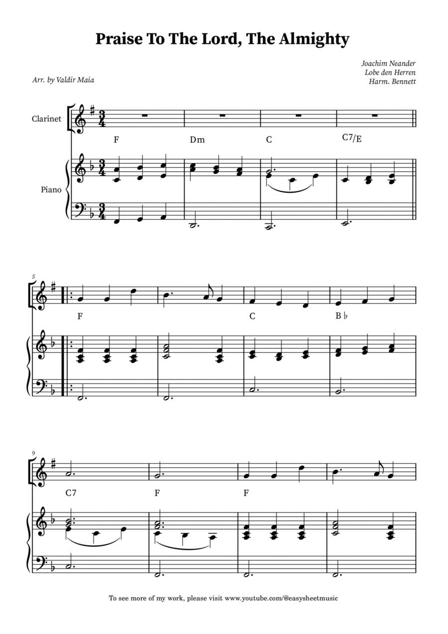 Praise To The Lord, The Almighty – Clarinet with Piano Accompaniment (Beginner Level) Clarinet Solo scores gallery preview page 1