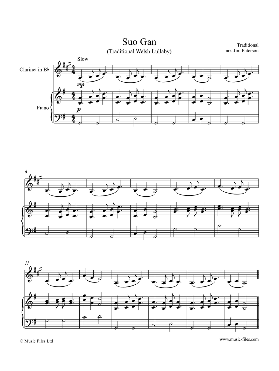 Suo Gan: Welsh Lullaby - Clarinet and Piano B-Flat Clarinet scores gallery preview page 1