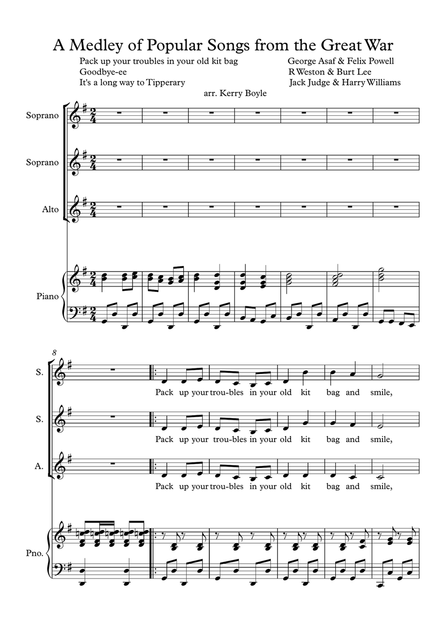 A Medley of Popular Songs from the First World War for SSA choir SSA scores gallery preview page 1