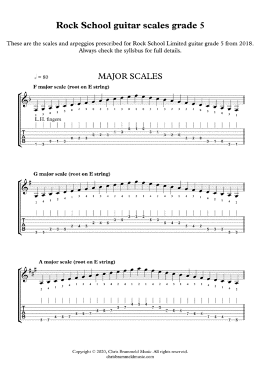 Rock School Guitar Grade 5 Scales And Arpeggios (notation and tab) Guitar Tablature scores gallery preview page 1